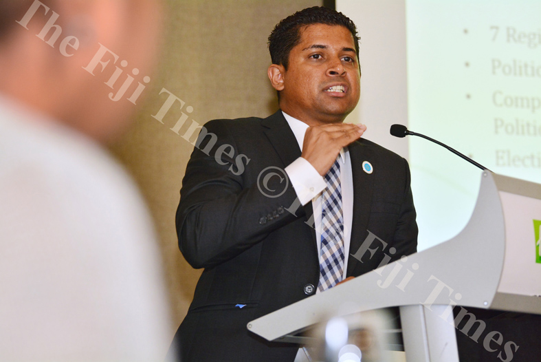 Supervisor of Elections Mohammed Saneem speaks to participants during the joint International IDEA, FEO and HRADC forum on electoral processes in Suva yesterday. Picture: JOVESA NAISUA